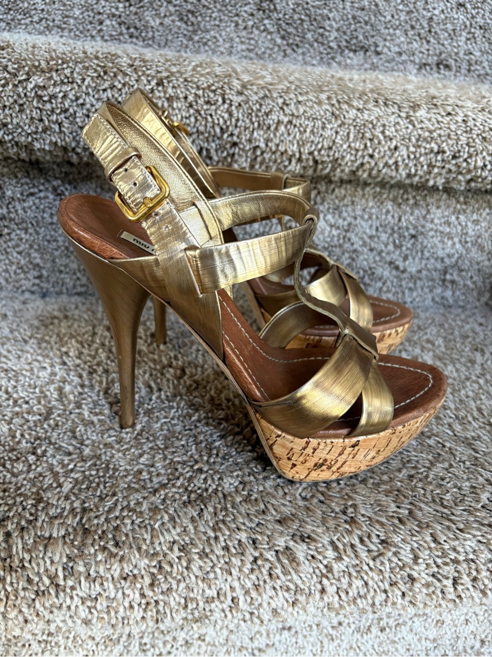 Miu Miu Women’s Metallic Gold Leather Cork Platform Stiletto Heels Sandals.